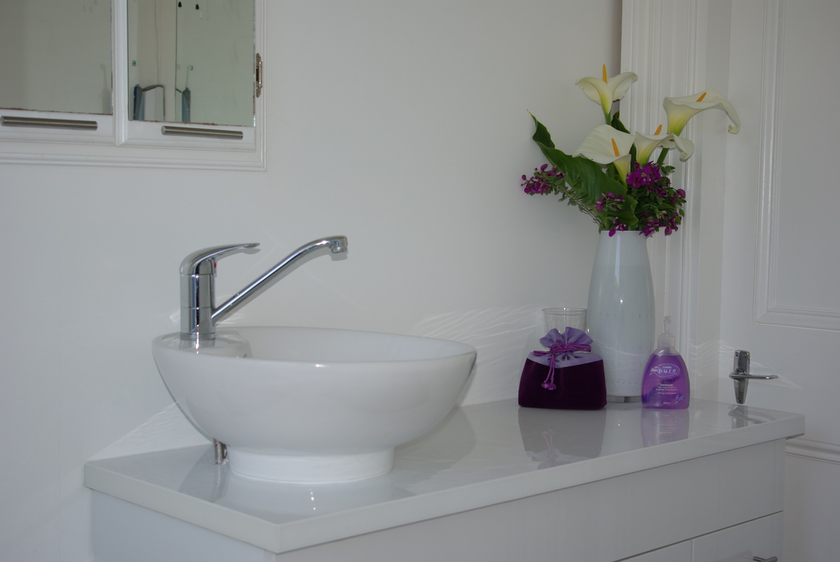 photo of the private bathroom with polished Rimu floor and containing a hip bath (with shower above), WC and vanity unit that has 
a fine view to the Centre of New Zealand 